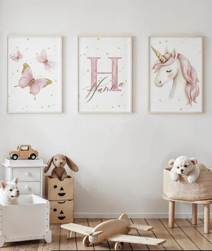 Cuadros Decorativos infantiles Modernos de princesas unicornio, mariposas con nombre