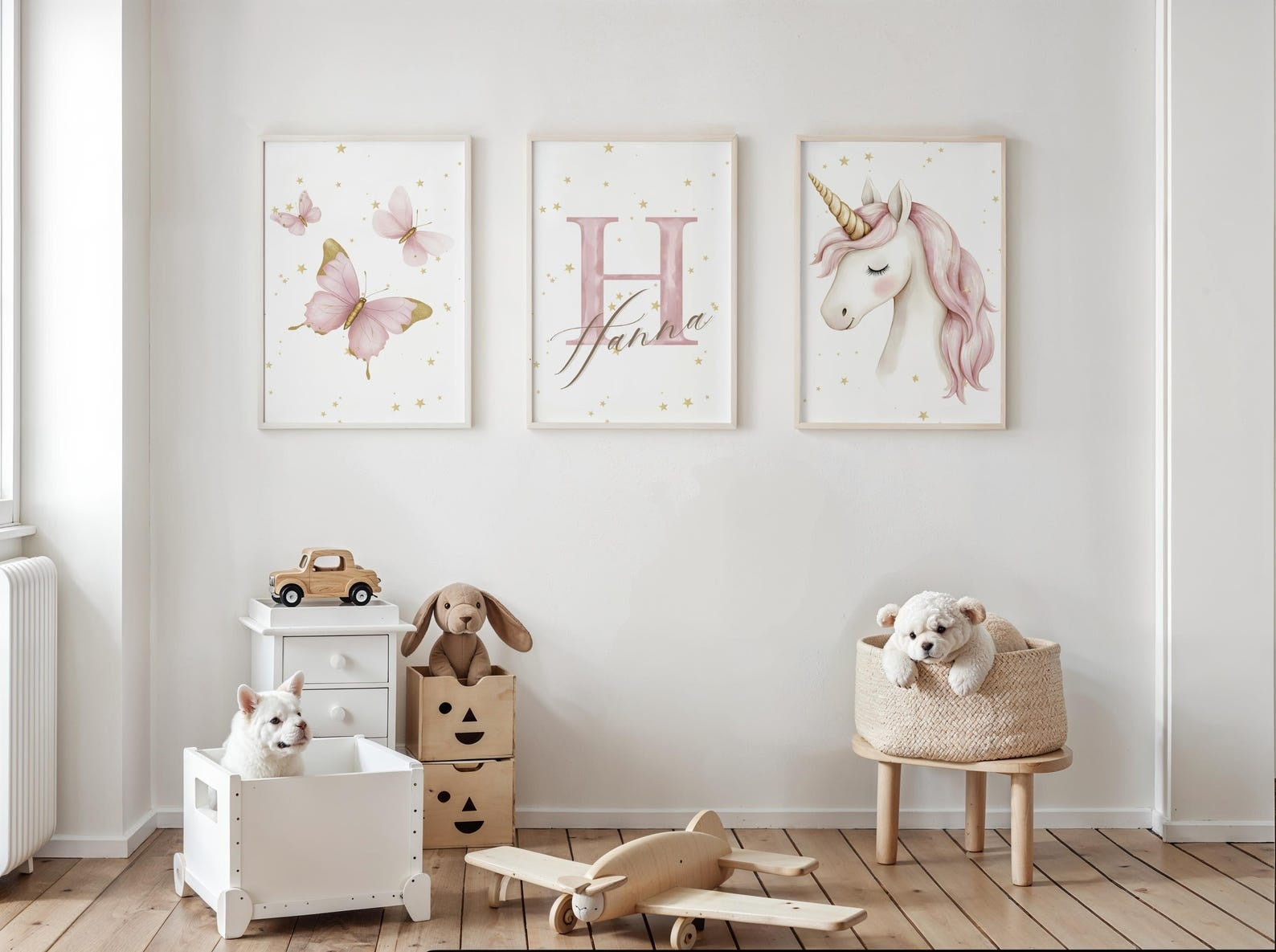 Cuadros Decorativos infantiles Modernos de princesas unicornio, mariposas con nombre