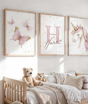 Cuadros Decorativos infantiles Modernos de princesas unicornio, mariposas con nombre