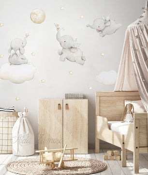Vinilos decorativos Adhesivos infantiles de Pared Elefantes en nube con estrellas