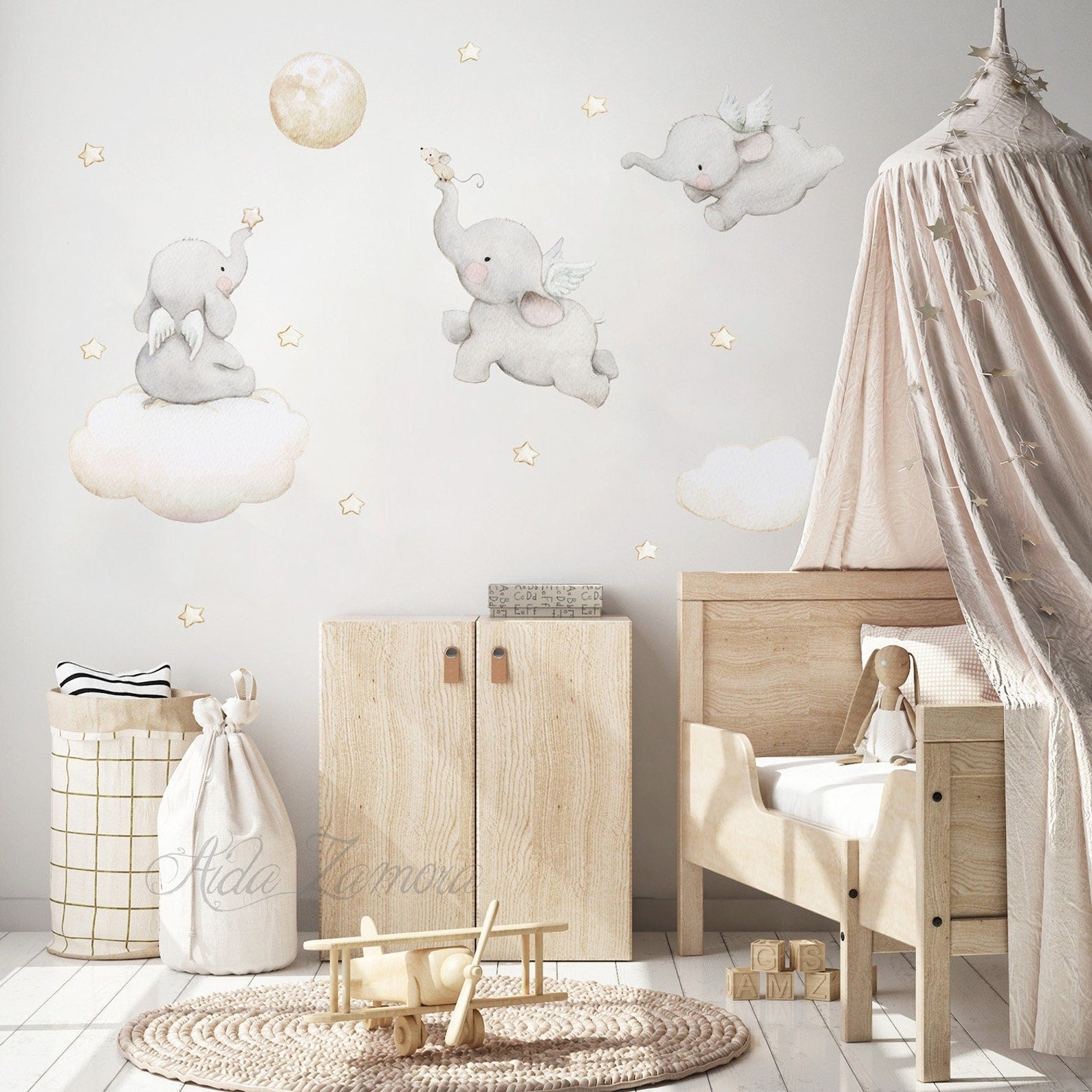 Vinilos decorativos Adhesivos infantiles de Pared Elefantes en nube con estrellas