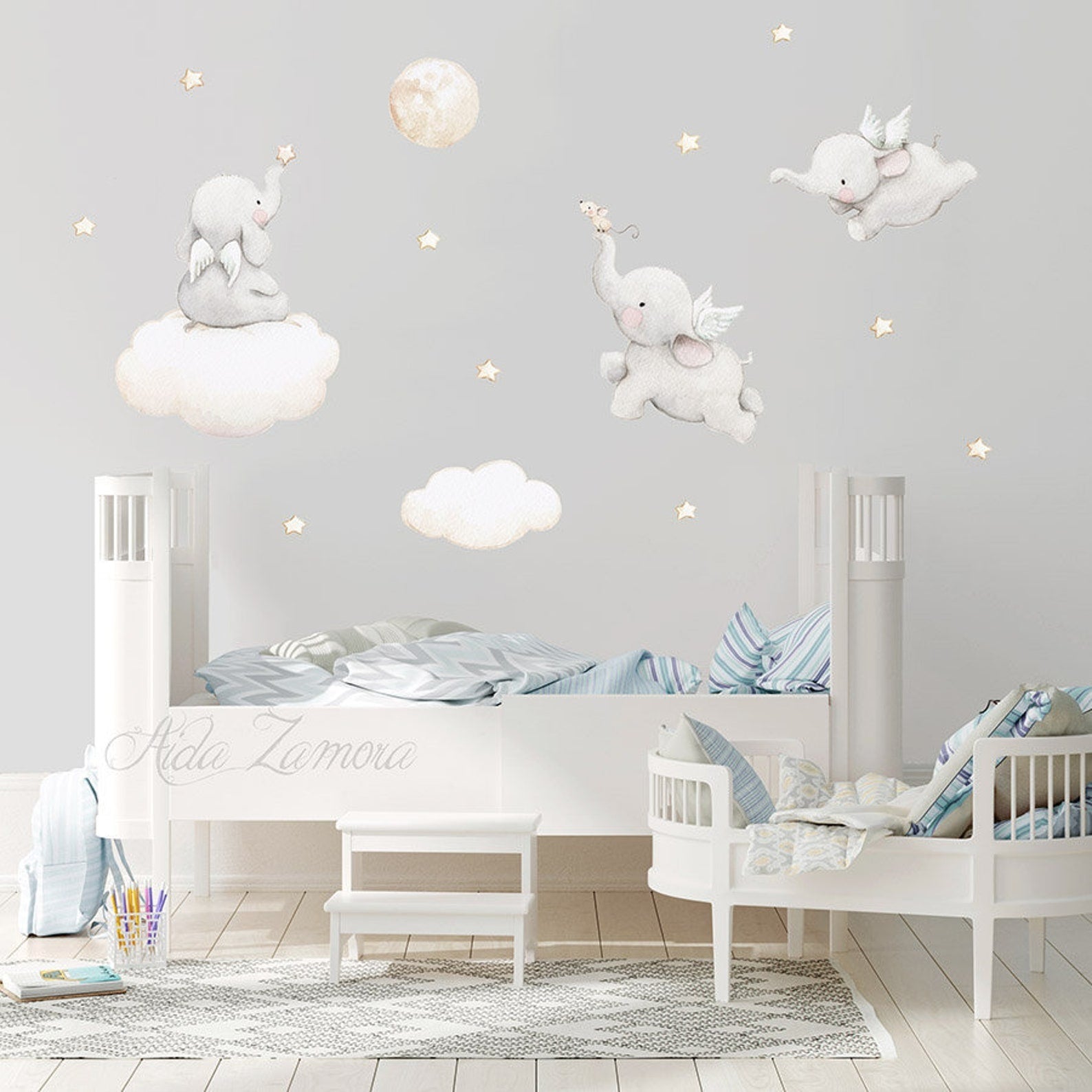 Vinilos decorativos Adhesivos infantiles de Pared Elefantes en nube con estrellas