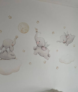 Vinilos decorativos Adhesivos infantiles de Pared Elefantes en nube con estrellas