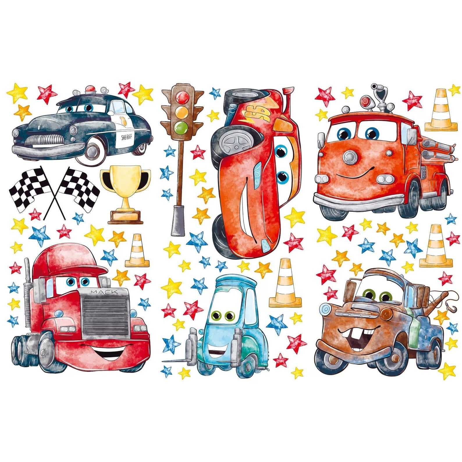 Vinilos decorativos Adhesivos infantiles de Pared Carro cars acuarela
