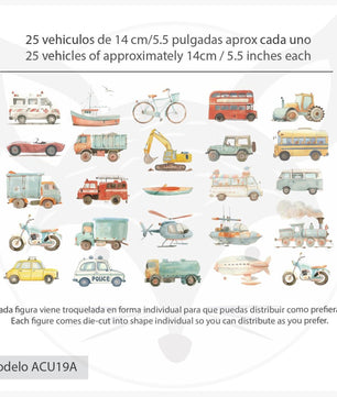 Vinilos decorativos Adhesivos infantiles de Pared Carro vehiculos variados acuarela