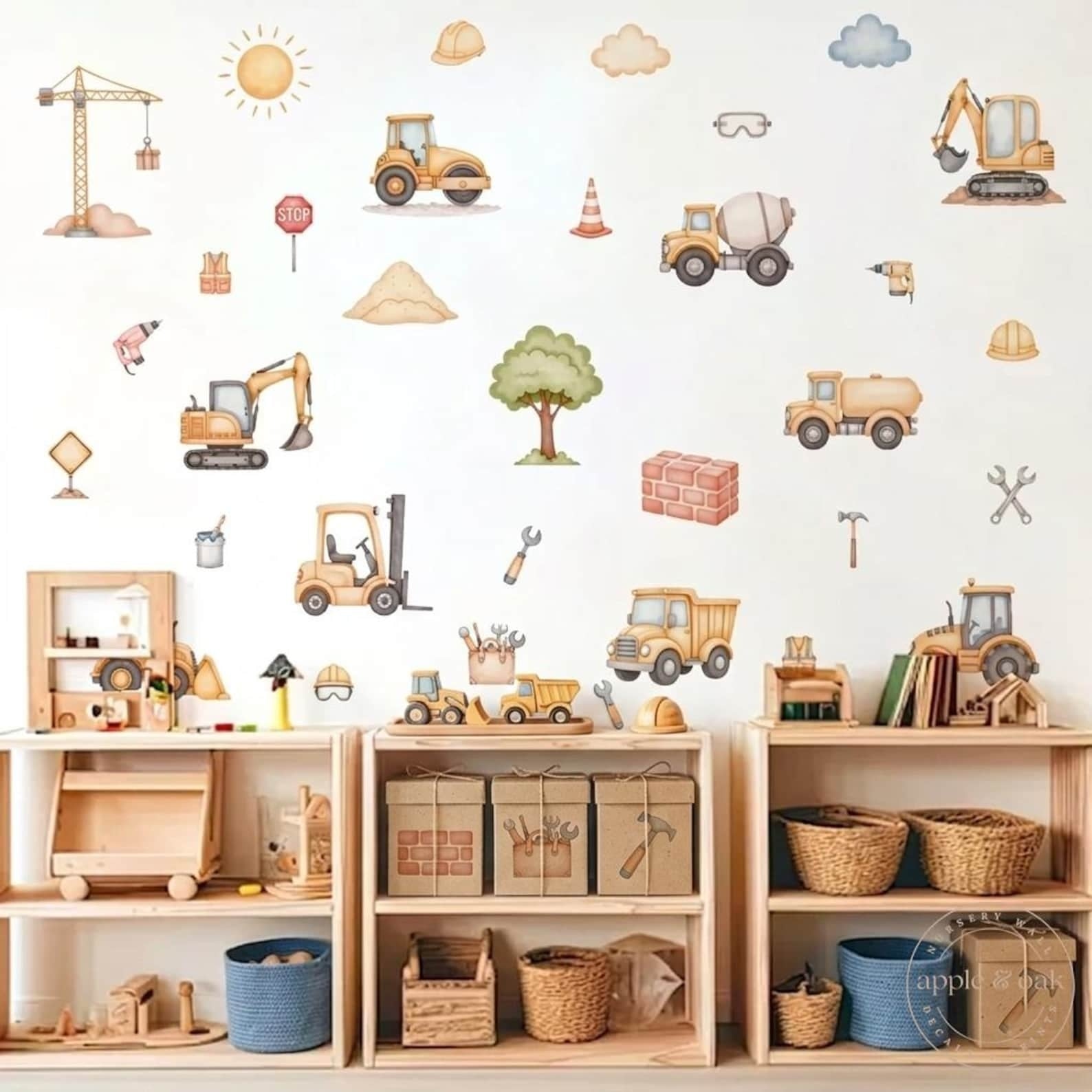Vinilos decorativos Adhesivos infantiles de Pared Carro camiones de construccion acuarela