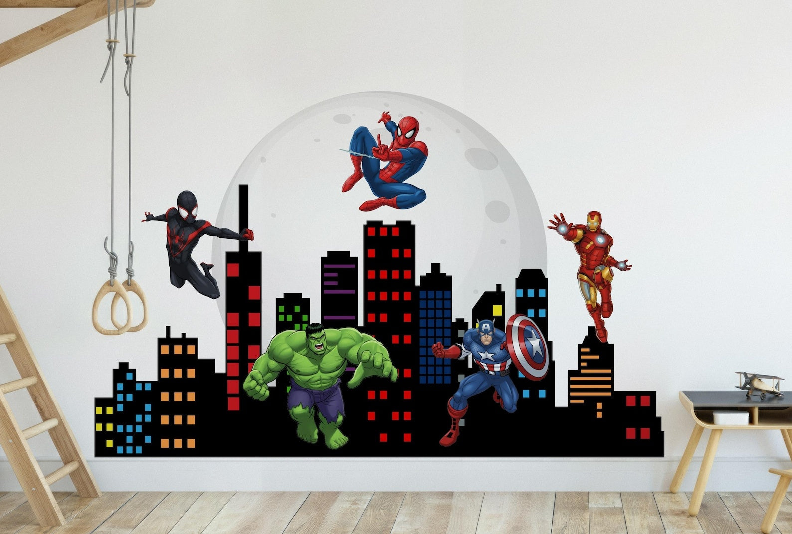 Vinilos decorativos Adhesivos infantiles de pared superheroes ciudad nocturna