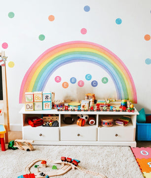 Vinilos decorativos Adhesivos infantiles de Pared arcoiris acuarela con sol y puntos