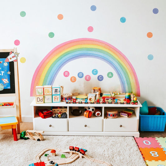 Vinilos decorativos Adhesivos infantiles de Pared arcoiris acuarela con sol y puntos