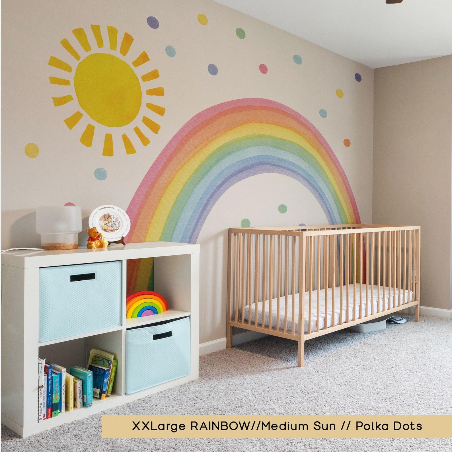 Vinilos decorativos Adhesivos infantiles de Pared arcoiris acuarela con sol y puntos