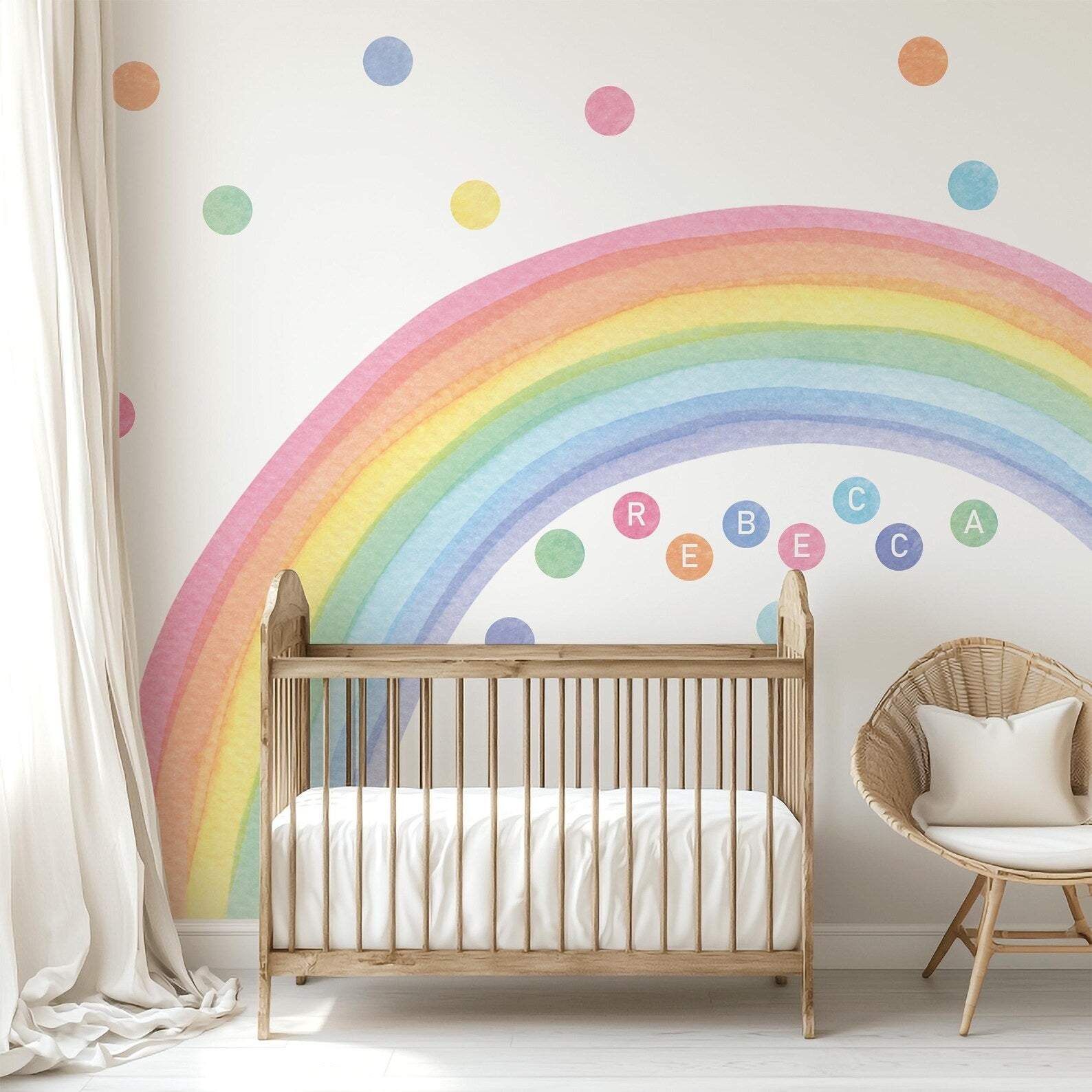 Vinilos decorativos Adhesivos infantiles de Pared arcoiris acuarela con sol y puntos