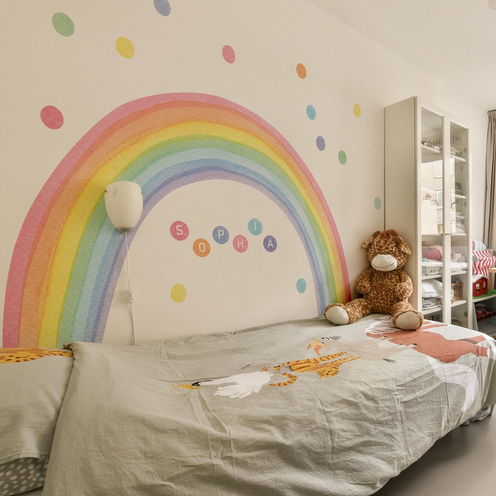 Vinilos decorativos Adhesivos infantiles de Pared arcoiris acuarela con sol y puntos