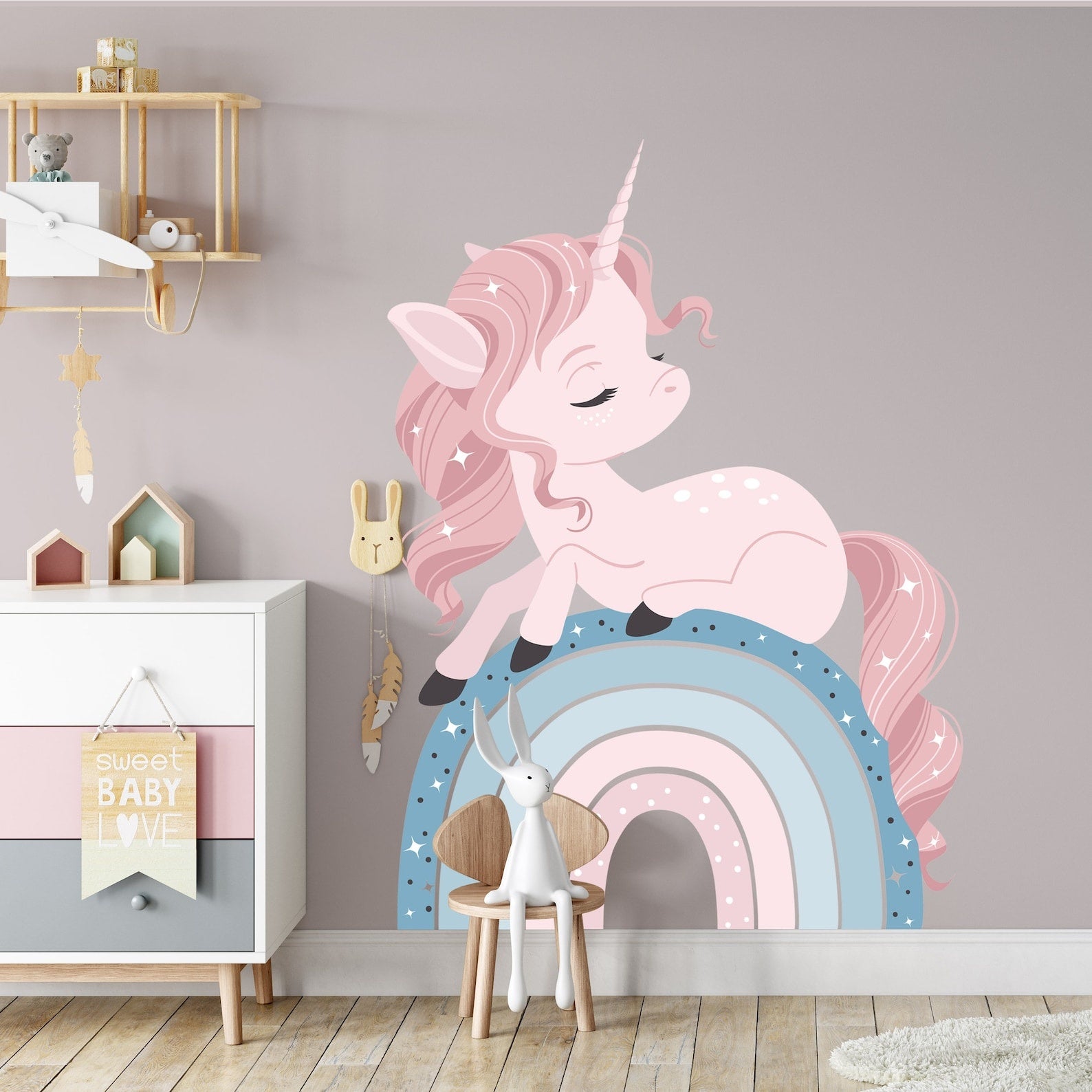 Vinilos decorativos Adhesivos infantiles de Pared arcoiris con unicornio