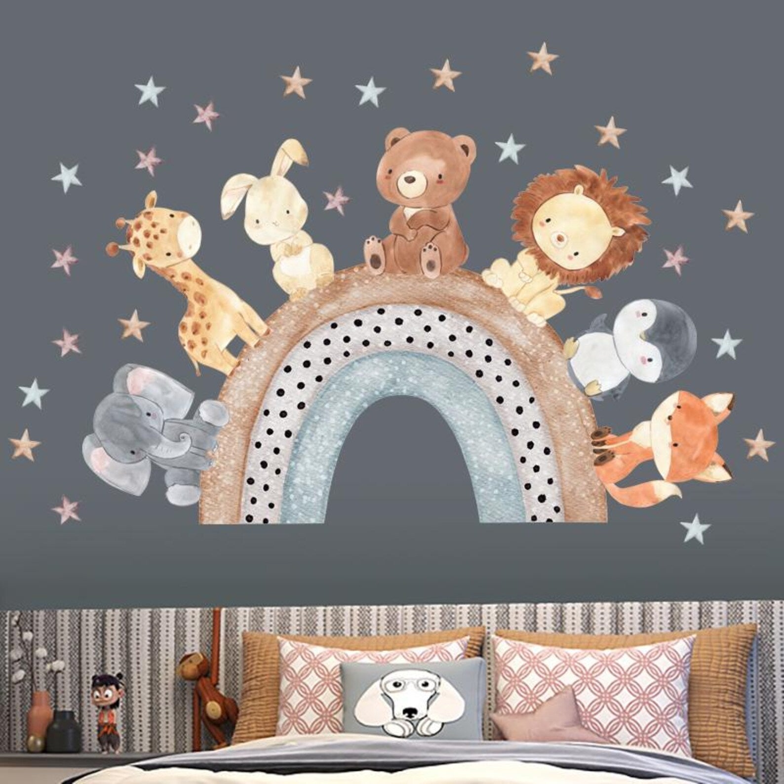 Vinilos decorativos Adhesivos infantiles de Pared arcoiris con animales acuarela