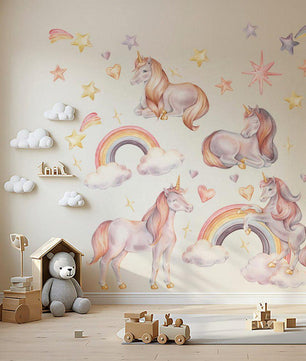 Vinilos decorativos Adhesivos infantiles de Pared arcoiris con unicornios rosados
