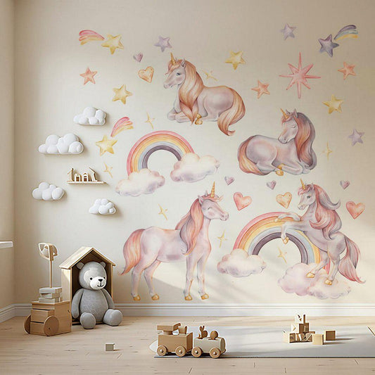 Vinilos decorativos Adhesivos infantiles de Pared arcoiris con unicornios rosados