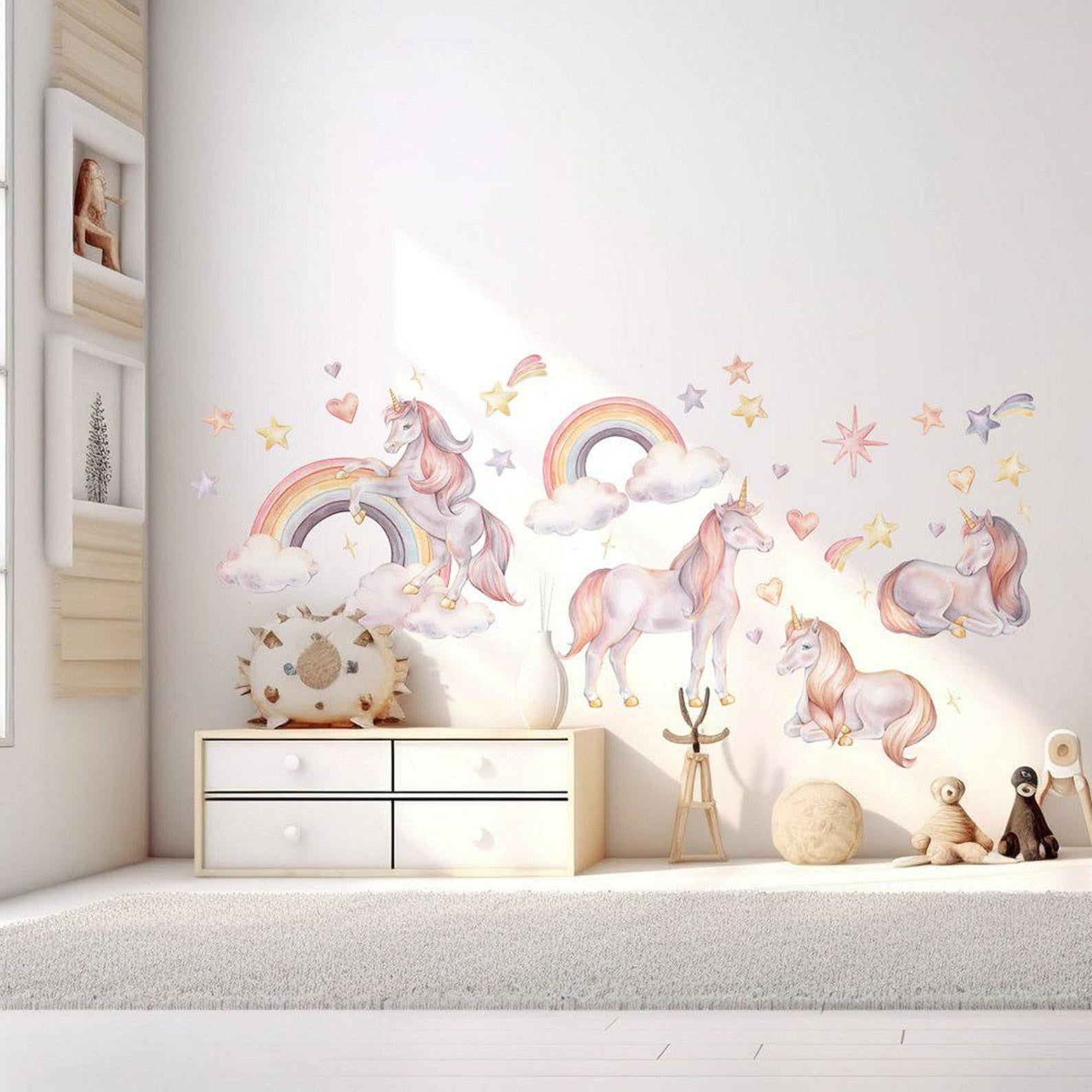 Vinilos decorativos Adhesivos infantiles de Pared arcoiris con unicornios rosados