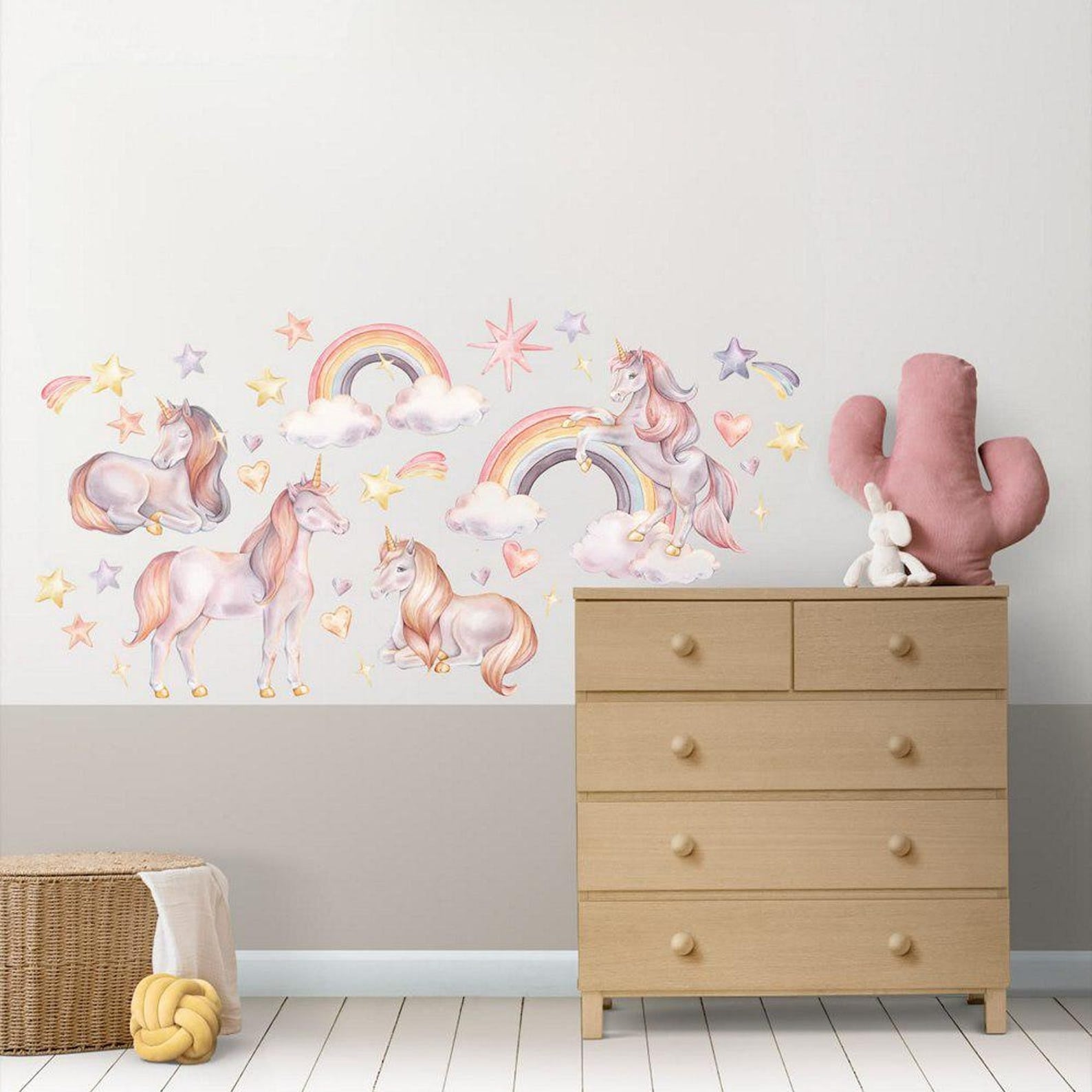 Vinilos decorativos Adhesivos infantiles de Pared arcoiris con unicornios rosados
