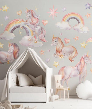 Vinilos decorativos Adhesivos infantiles de Pared arcoiris con unicornios rosados