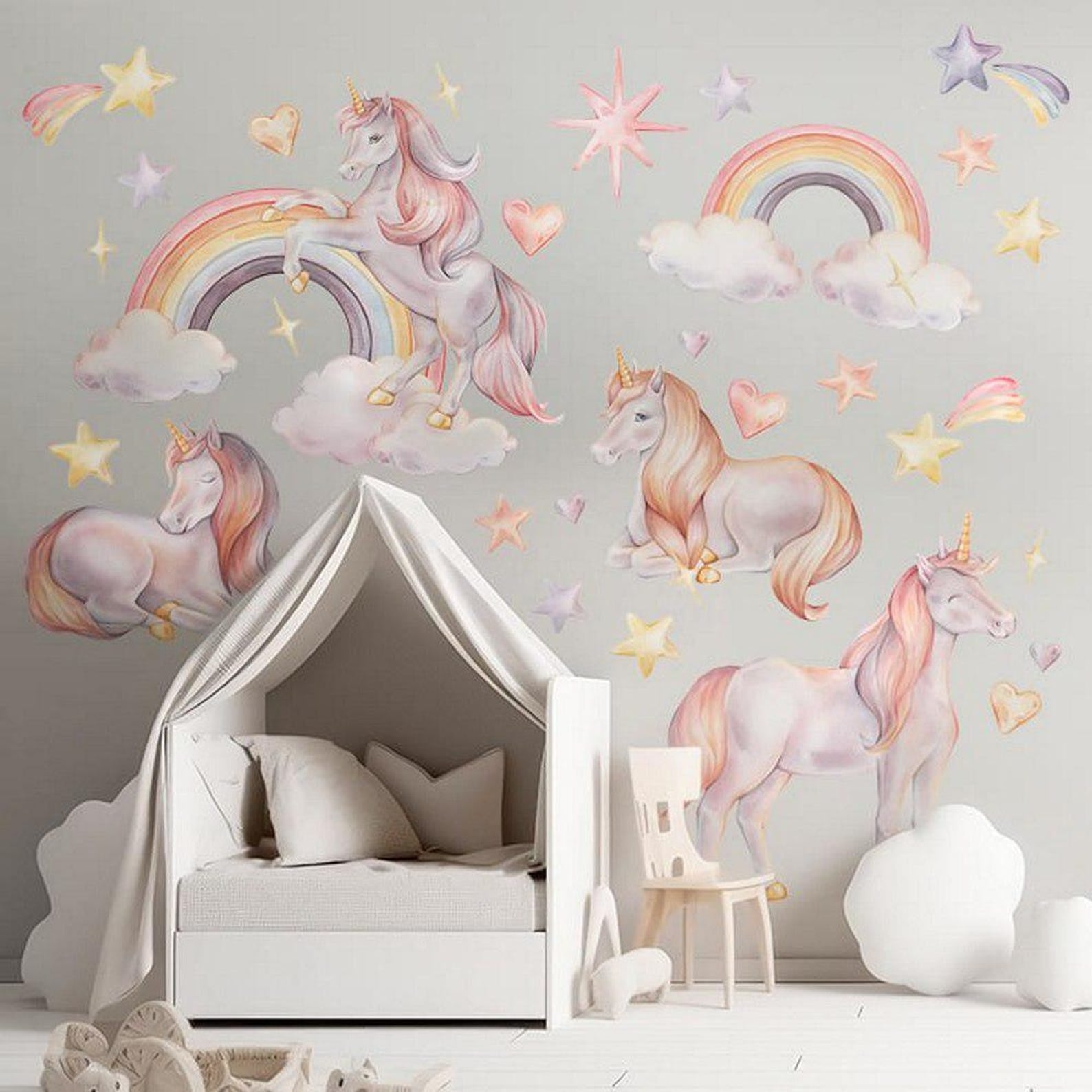 Vinilos decorativos Adhesivos infantiles de Pared arcoiris con unicornios rosados