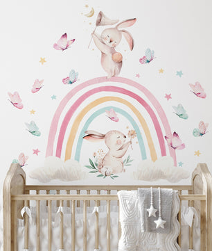 Vinilos decorativos Adhesivos infantiles de Pared arcoiris con conejos y mariposas