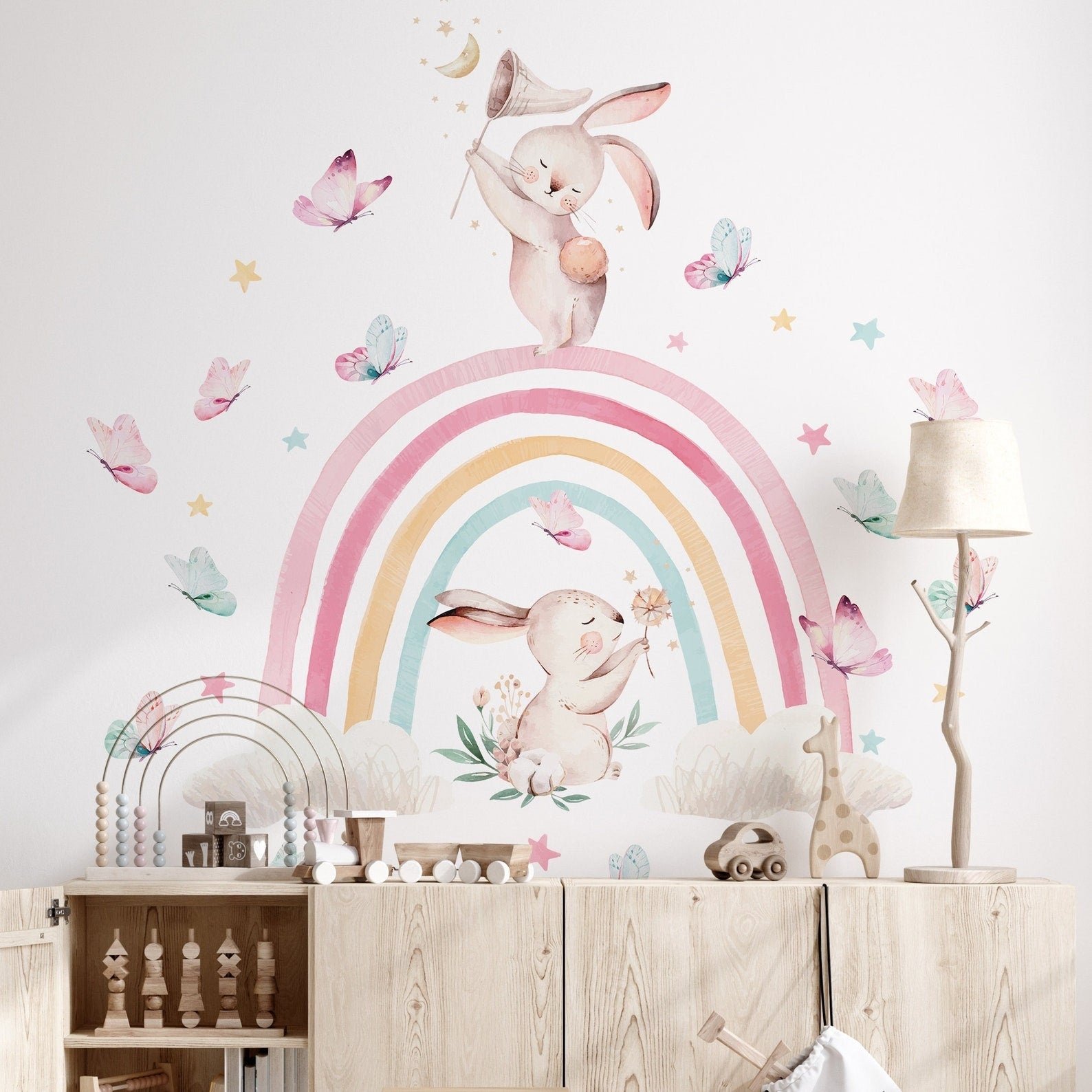Vinilos decorativos Adhesivos infantiles de Pared arcoiris con conejos y mariposas
