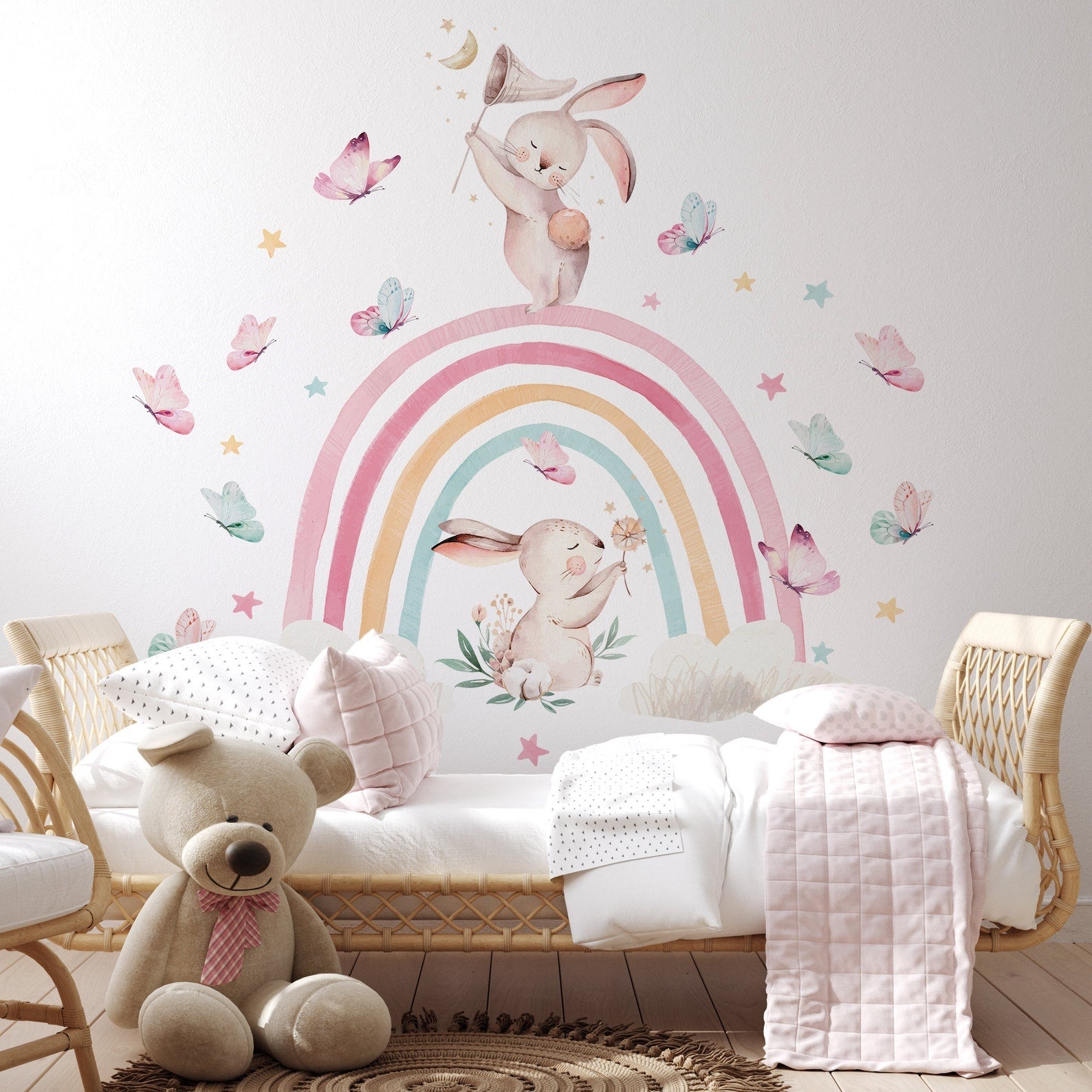 Vinilos decorativos Adhesivos infantiles de Pared arcoiris con conejos y mariposas