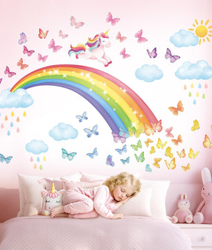 Vinilos decorativos Adhesivos infantiles de Pared arcoiris con mariposas y unicornio