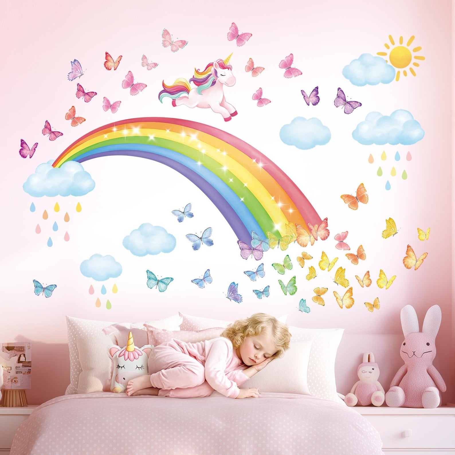 Vinilos decorativos Adhesivos infantiles de Pared arcoiris con mariposas y unicornio