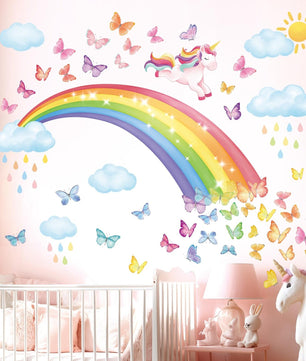 Vinilos decorativos Adhesivos infantiles de Pared arcoiris con mariposas y unicornio
