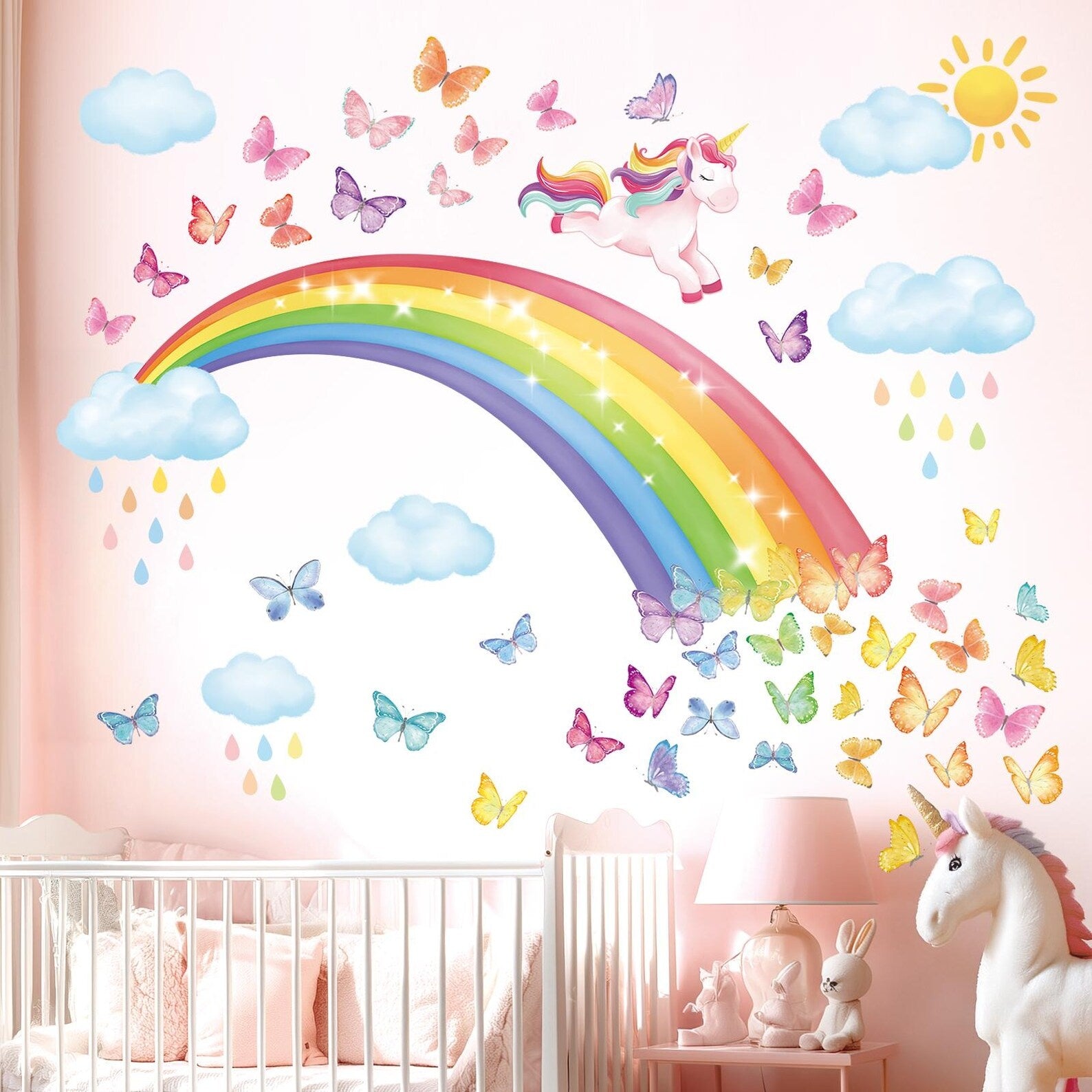 Vinilos decorativos Adhesivos infantiles de Pared arcoiris con mariposas y unicornio