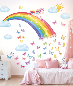 Vinilos decorativos Adhesivos infantiles de Pared arcoiris con mariposas y unicornio