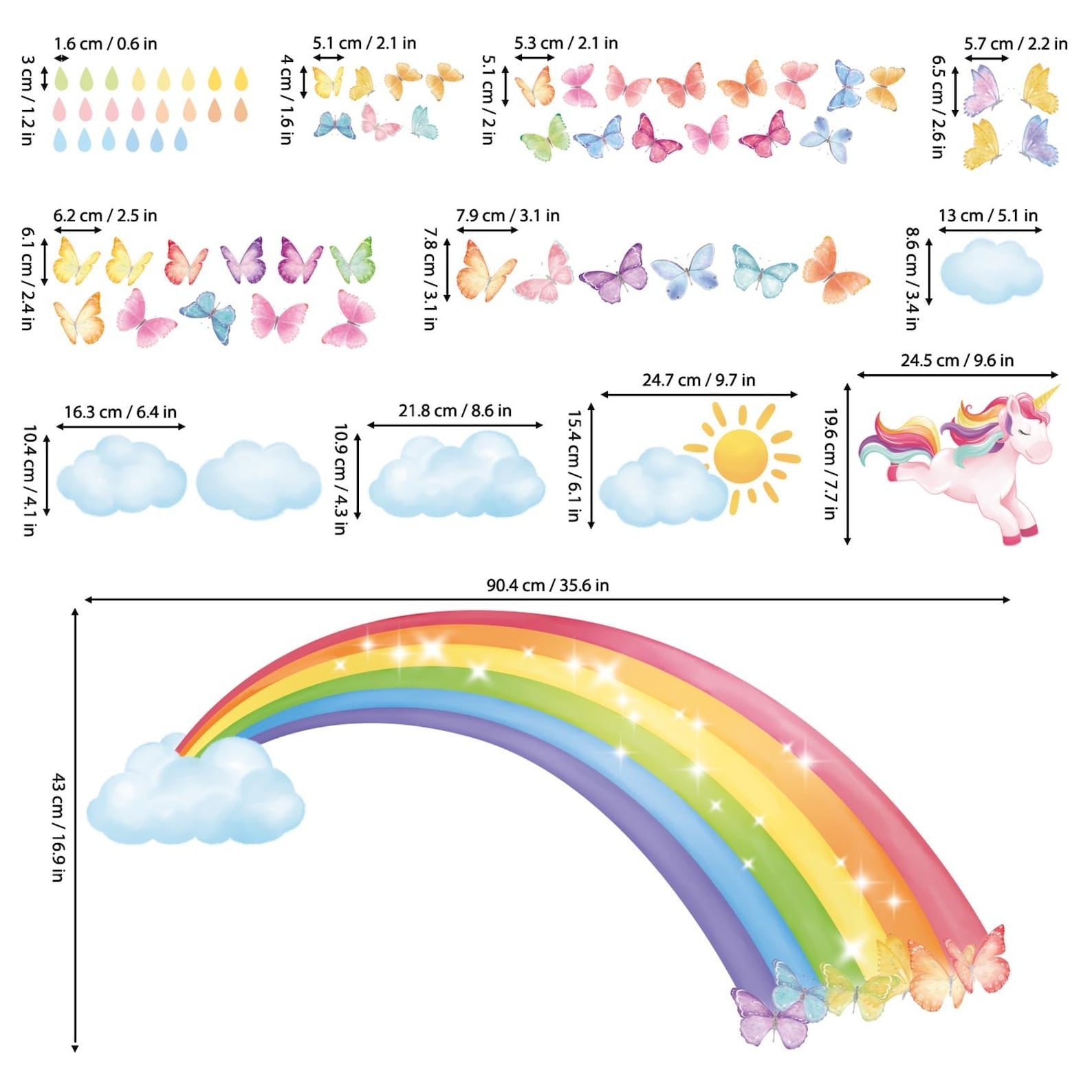 Vinilos decorativos Adhesivos infantiles de Pared arcoiris con mariposas y unicornio