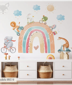Vinilos decorativos Adhesivos infantiles de Pared arcoiris animales en bici