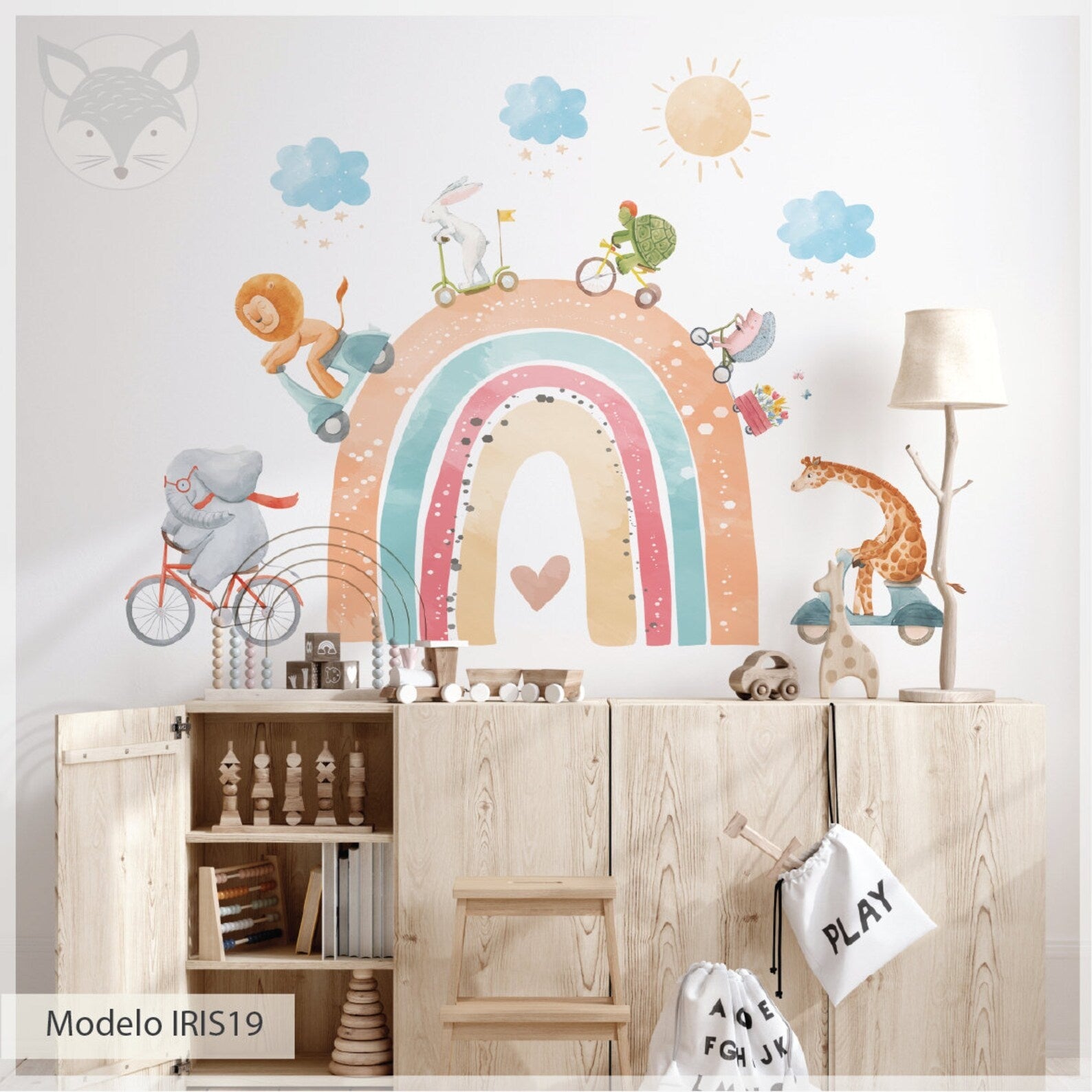 Vinilos decorativos Adhesivos infantiles de Pared arcoiris animales en bici