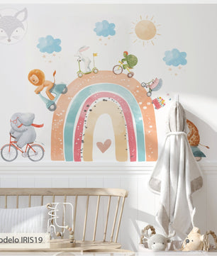 Vinilos decorativos Adhesivos infantiles de Pared arcoiris animales en bici