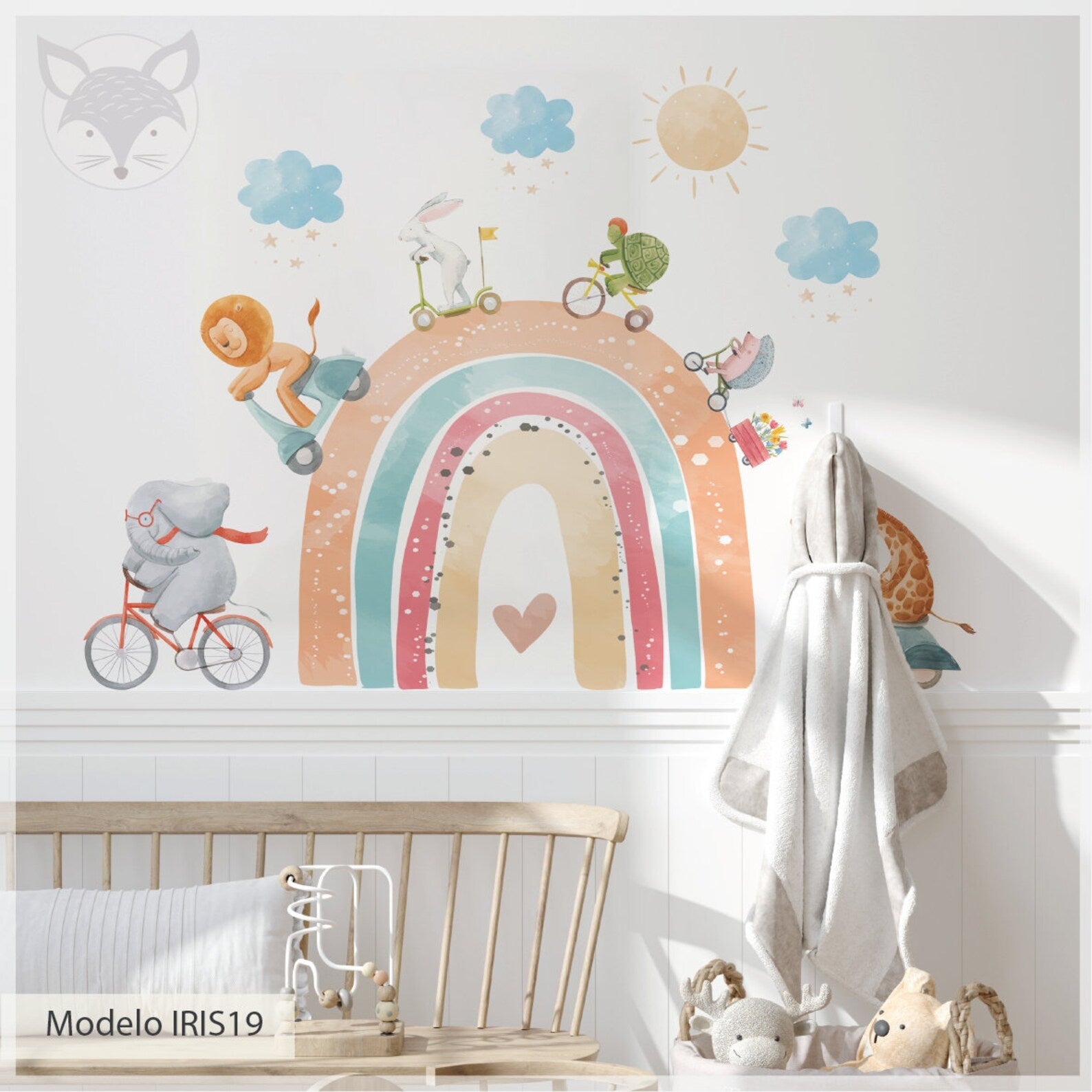 Vinilos decorativos Adhesivos infantiles de Pared arcoiris animales en bici