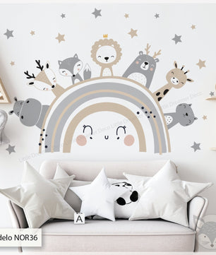 Vinilos decorativos Adhesivos infantiles de Pared arcoiris beige con animales