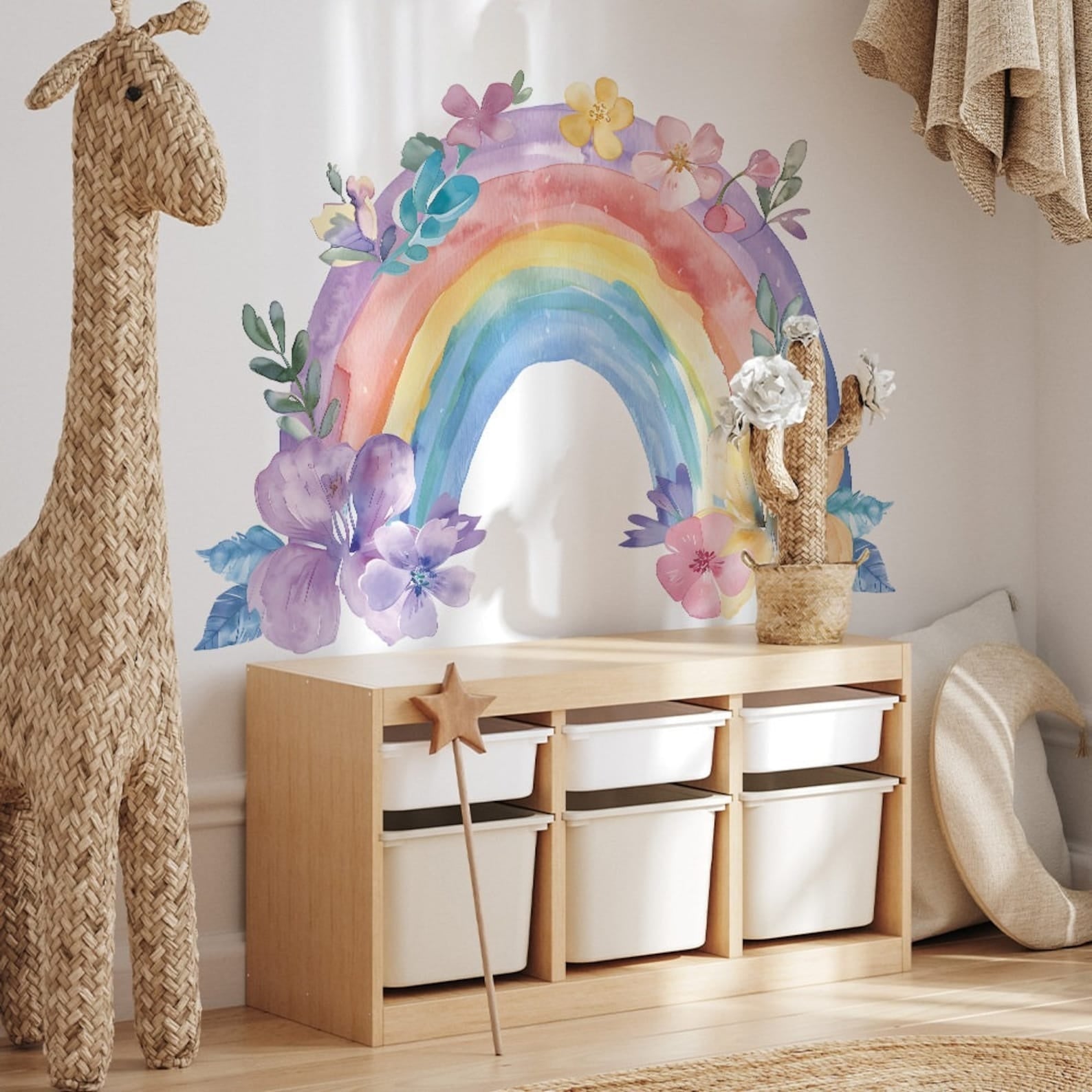 Vinilos decorativos Adhesivos infantiles de Pared arcoiris con flores de acuarela