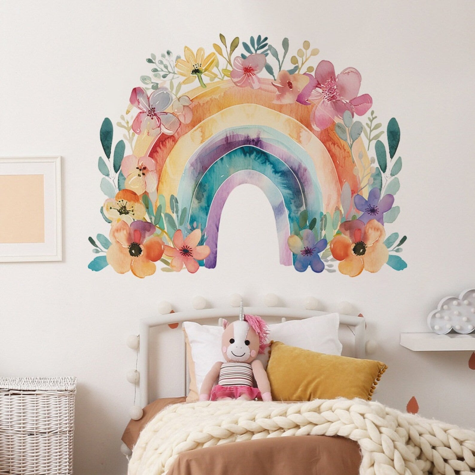 Vinilos decorativos Adhesivos infantiles de Pared arcoiris con flores de acuarela