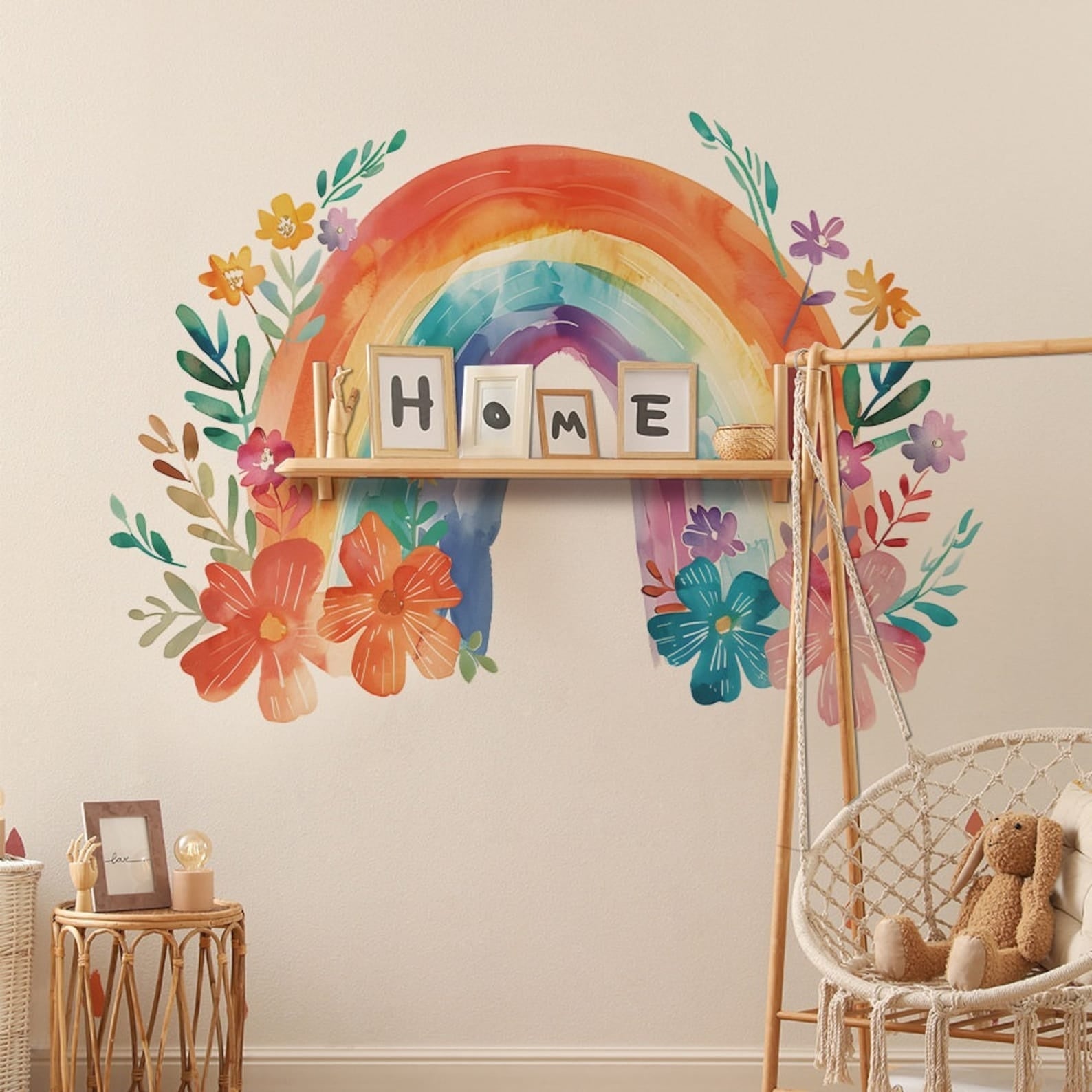 Vinilos decorativos Adhesivos infantiles de Pared arcoiris con flores de acuarela