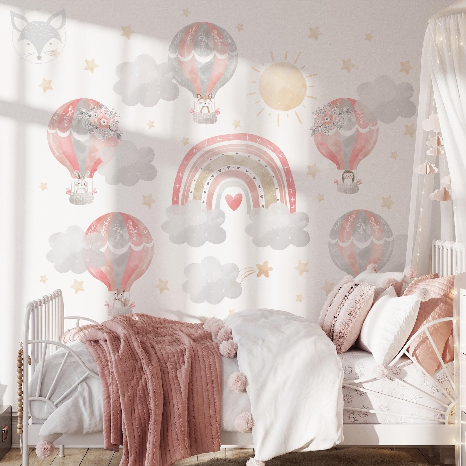 Vinilos decorativos Adhesivos infantiles de Pared arcoiris con globos aerostaticos