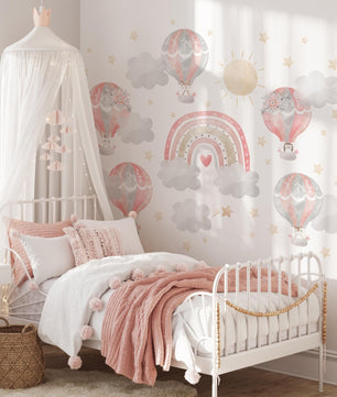 Vinilos decorativos Adhesivos infantiles de Pared arcoiris con globos aerostaticos