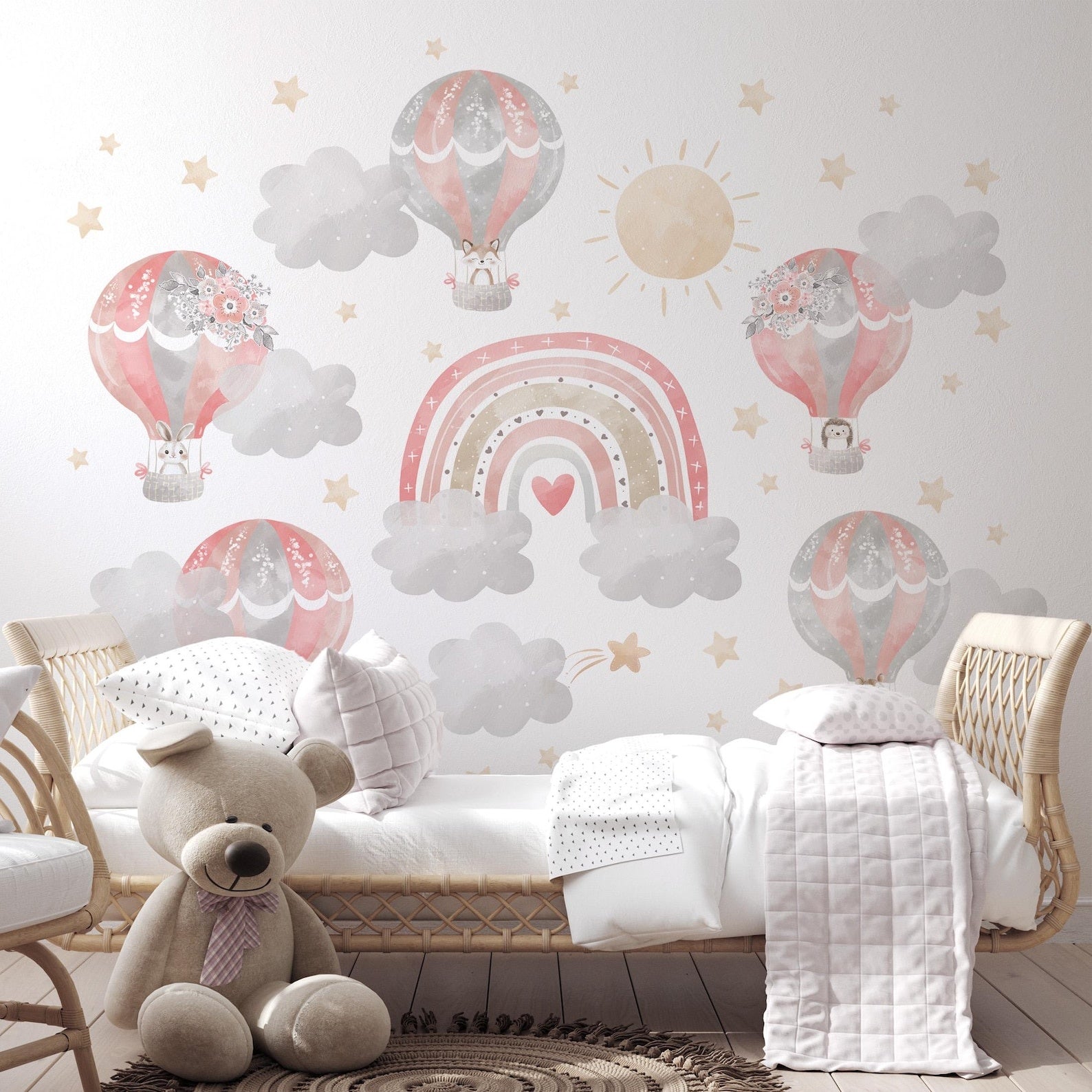 Vinilos decorativos Adhesivos infantiles de Pared arcoiris con globos aerostaticos