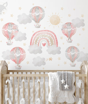 Vinilos decorativos Adhesivos infantiles de Pared arcoiris con globos aerostaticos