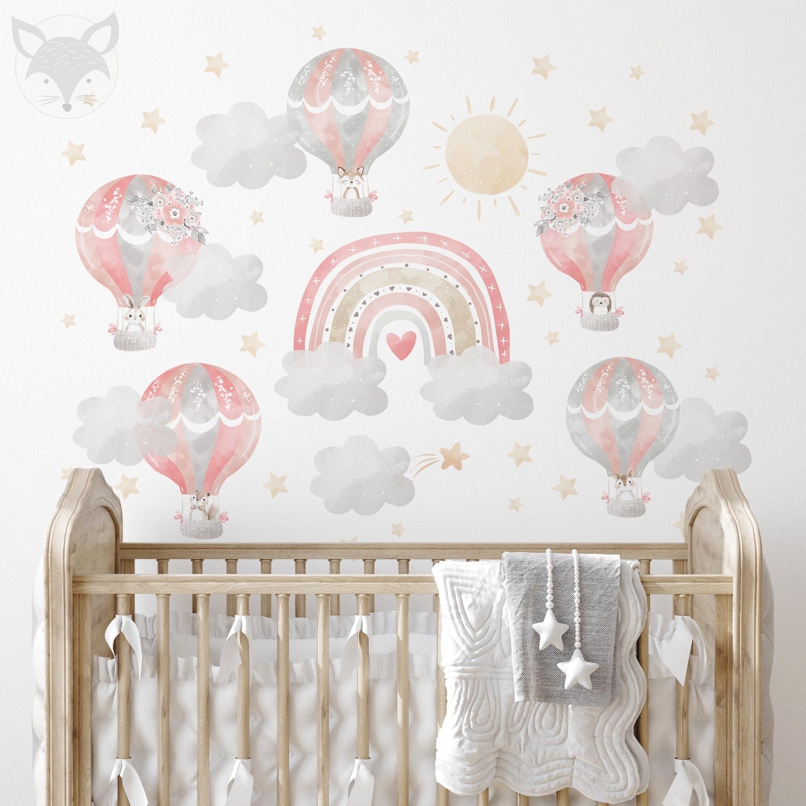 Vinilos decorativos Adhesivos infantiles de Pared arcoiris con globos aerostaticos