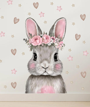 Vinilos decorativos Adhesivos infantiles de Pared Coneja con Flores estrellas y corazones