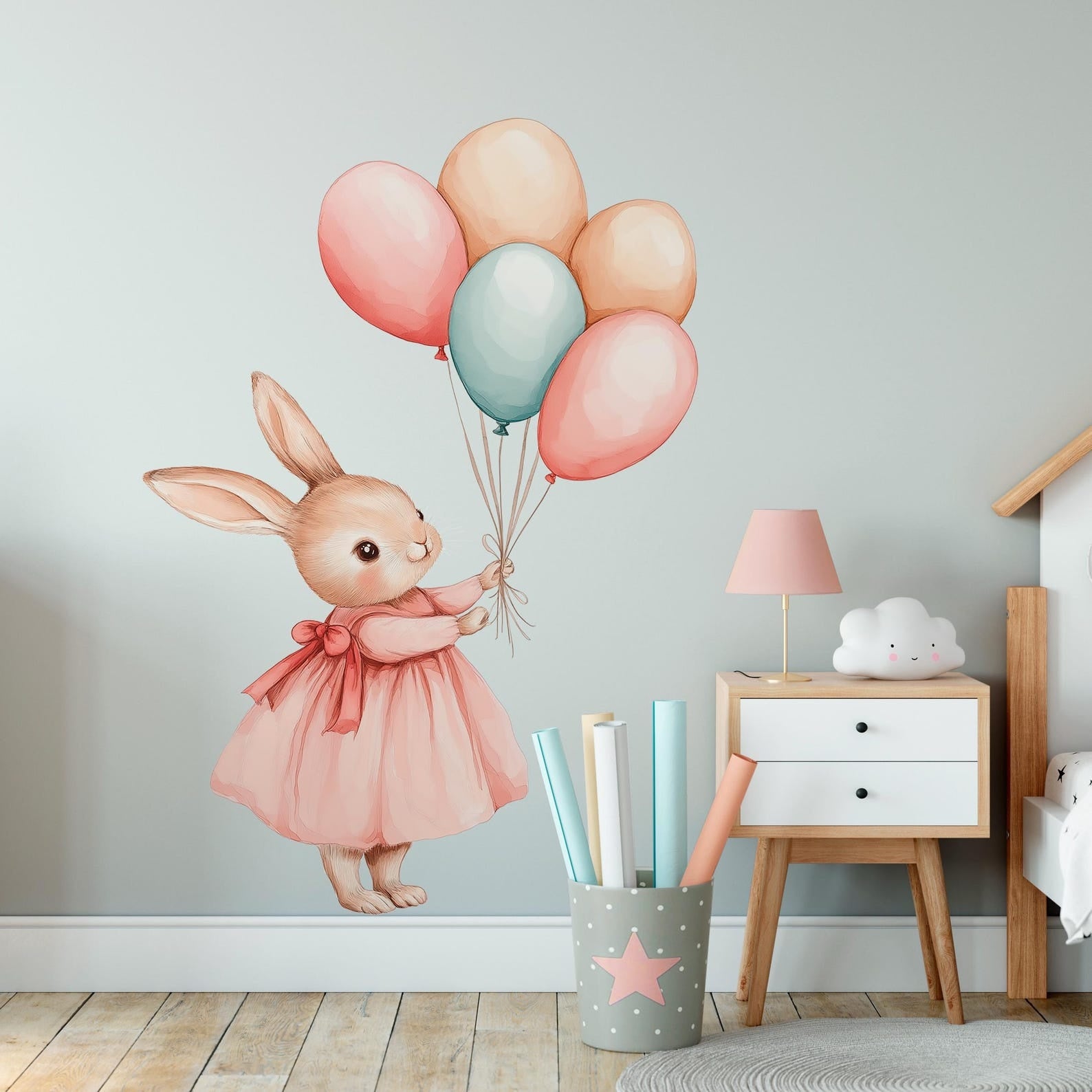 Vinilos decorativos Adhesivos infantiles de Pared Coneja con globos coloridos