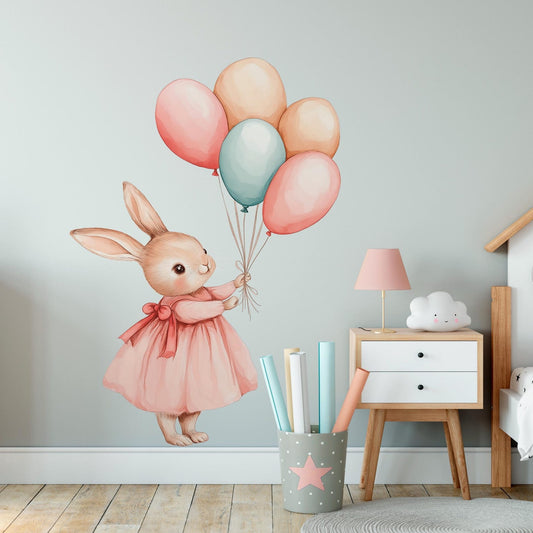 Vinilos decorativos Adhesivos infantiles de Pared Coneja con globos coloridos