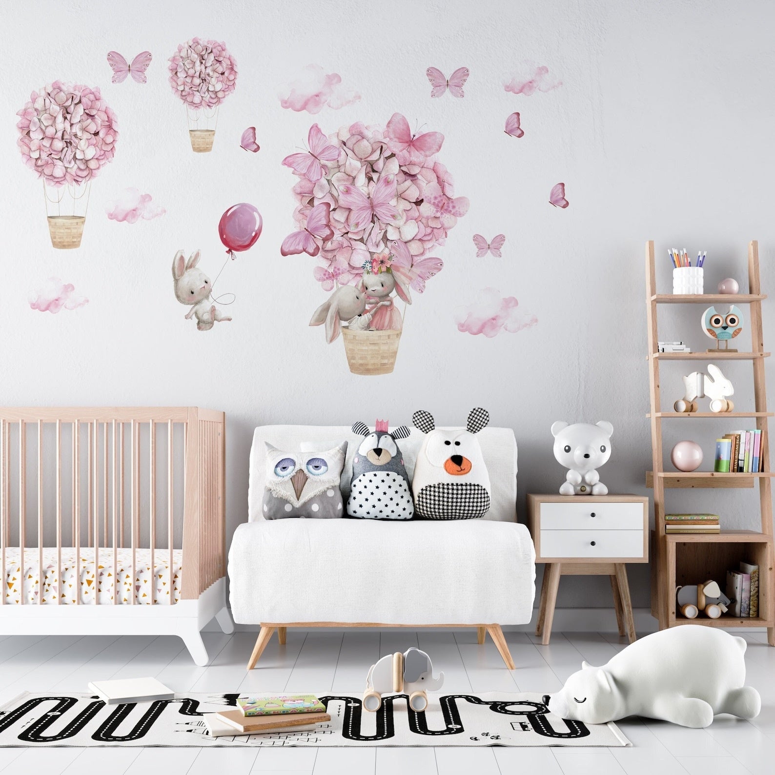 Vinilos decorativos Adhesivos infantiles de Pared Conejos en globo aerostatico de mariposas